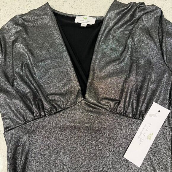 NWT LIVE IN THE MOMENT Metallic Shimmer Dark Silver Bodysuit Size M Deep V - Picture 4 of 10